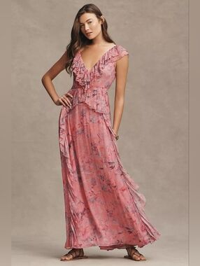 BHLDN ANTHROPOLOGIE Lyla Printed V-neck Pink Ruffled Chiffon Maxi Gown Sz Small